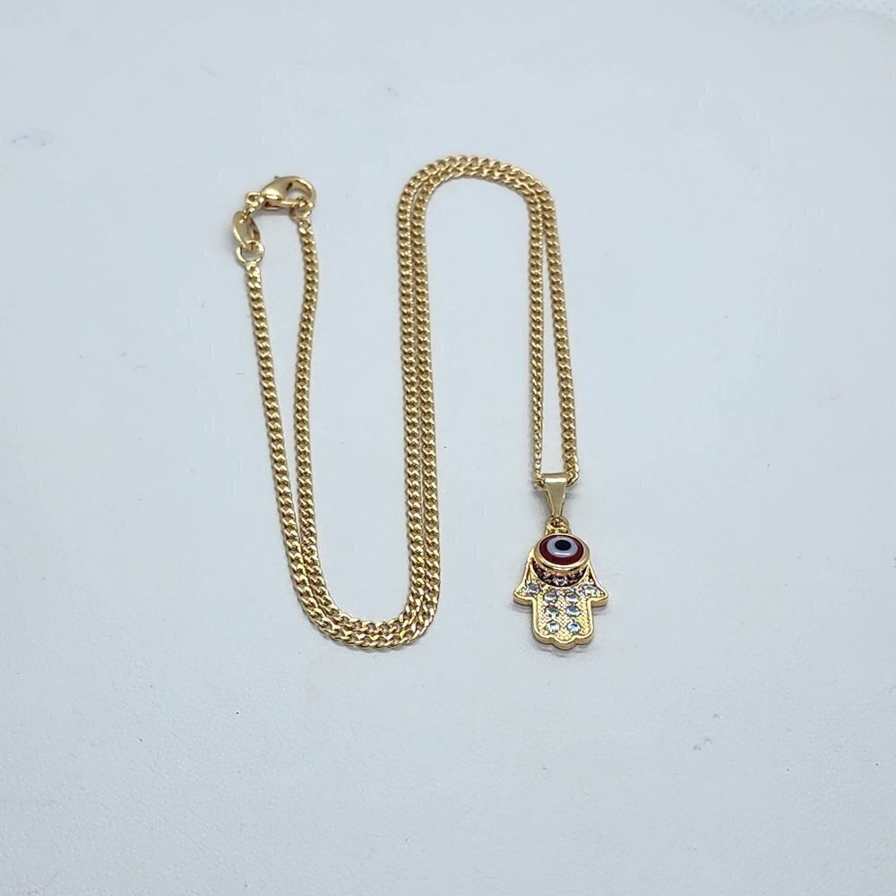 Brand New Brazilian 18k Gold Filled Red Evil Eye Hamsa Necklace